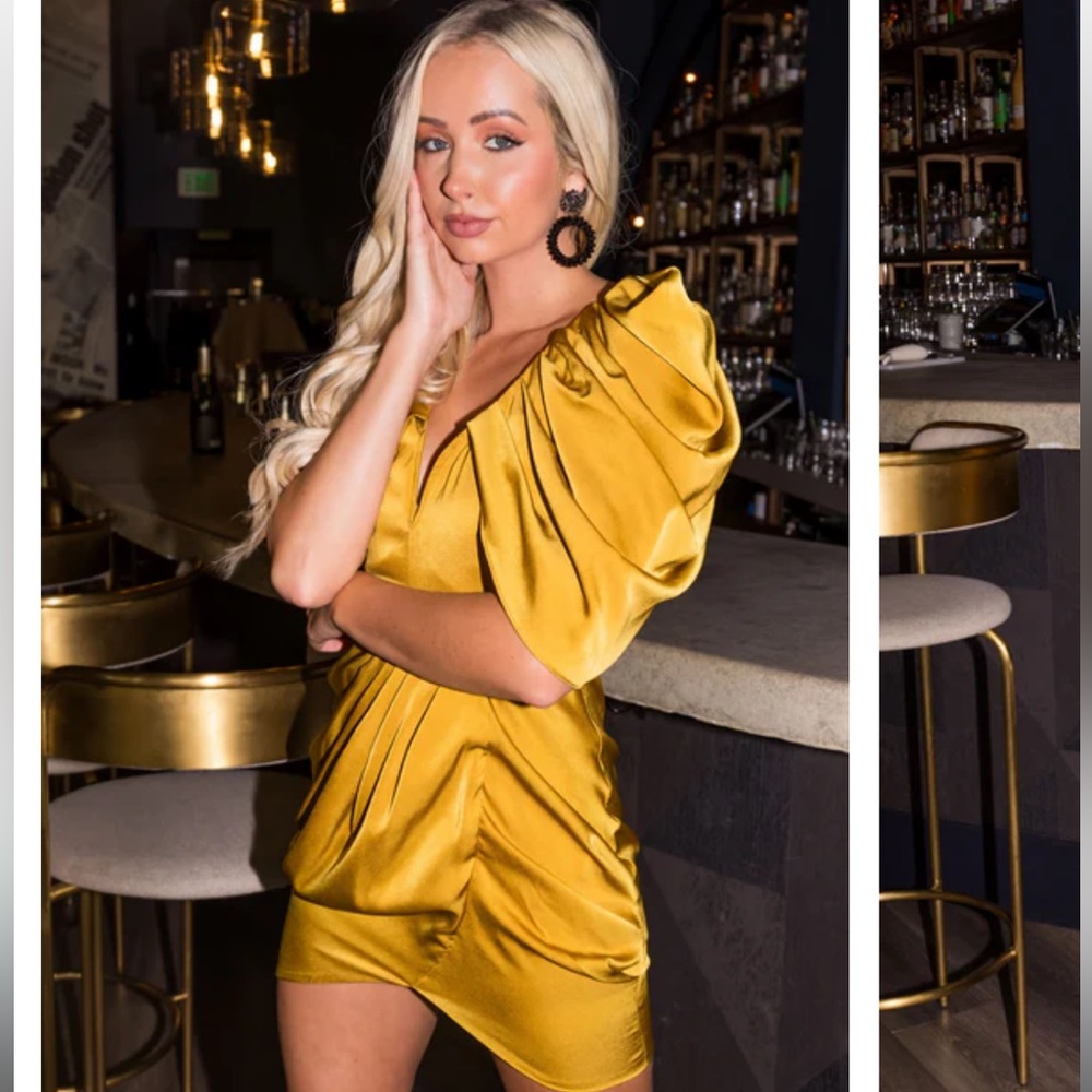 Mustard Drape Sleeve Tulip Hem Satin Mini Dress